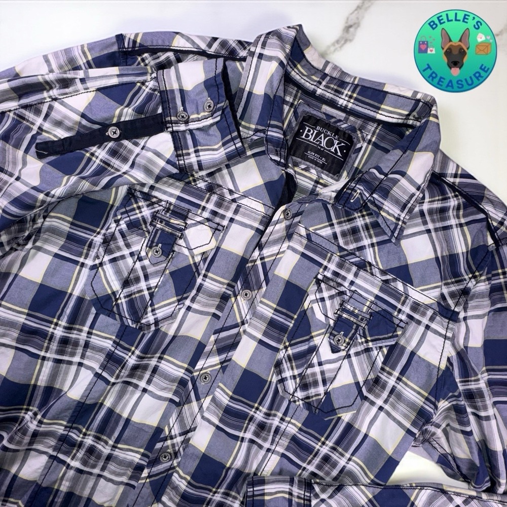 Buckle Black Shirt Mens XL Button-Up Blue Plaid Slim Fit Roll Tab Sleeve Rugged